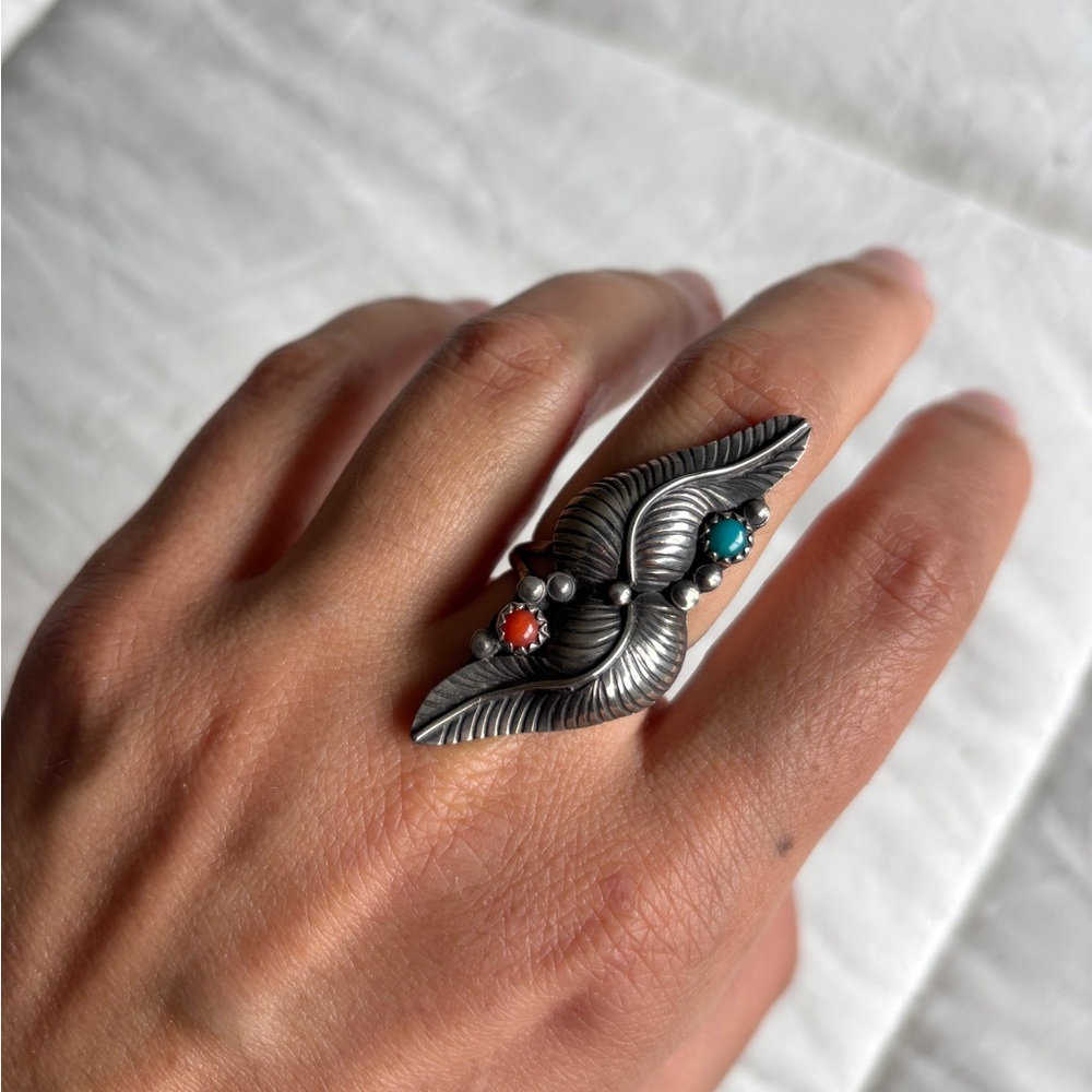 Silver Leaf Ring with Turquoise and Coral Accents